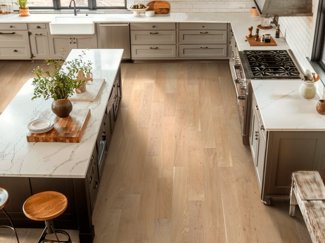 Kitchen with wide-plank hardwood flooring and white cabinets
