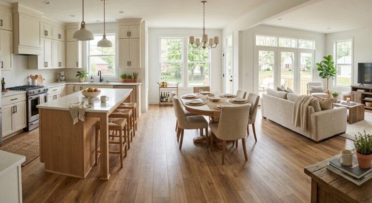 Continuous wide plank LVP flooring flowing through open concept kitchen, dining, and living room in Indianapolis home