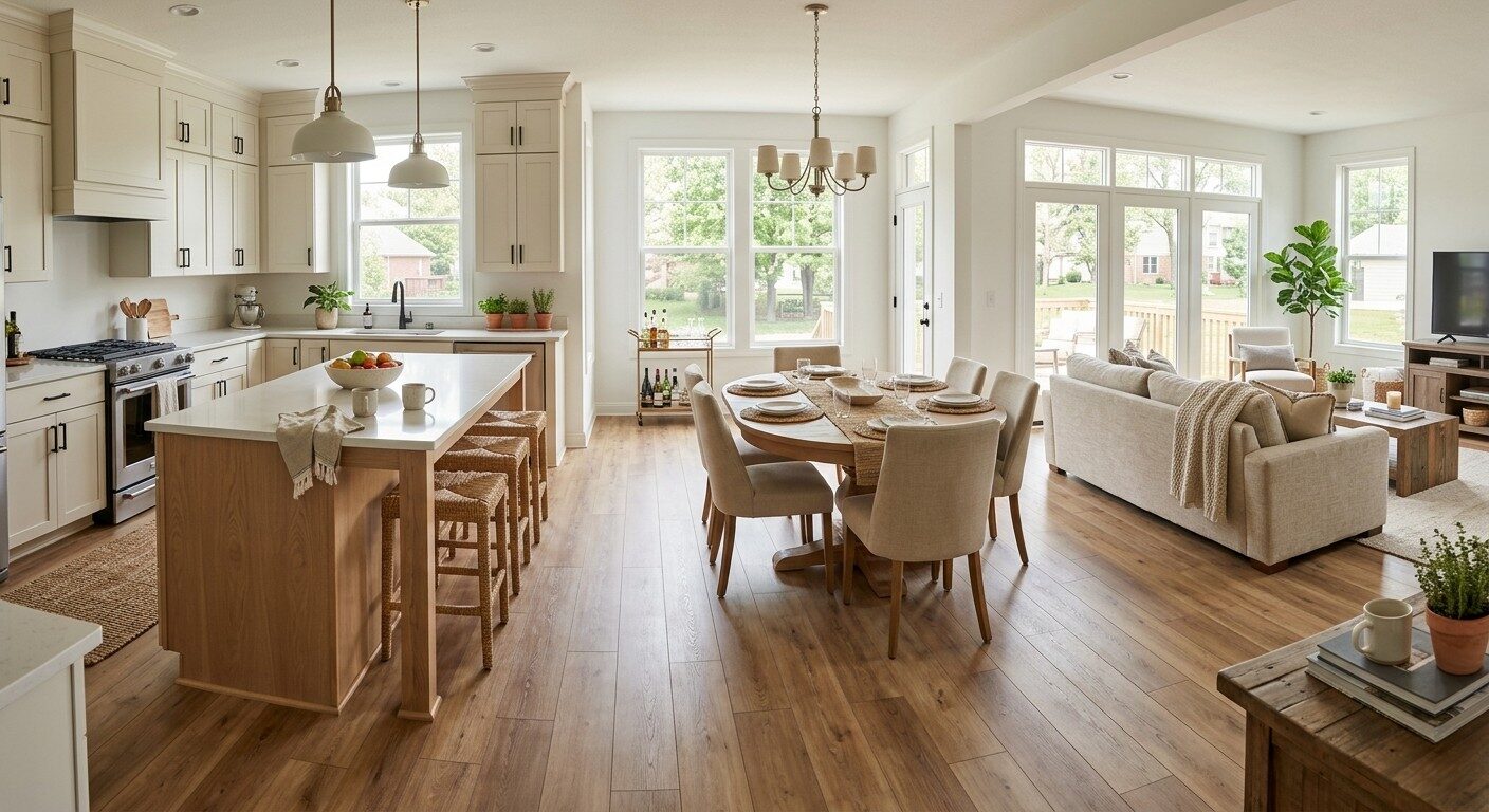 Continuous wide plank LVP flooring flowing through open concept kitchen, dining, and living room in Indianapolis home