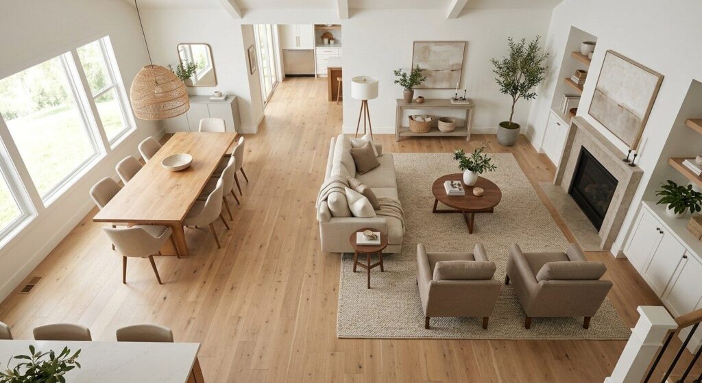 Open concept living room with area rug defining seating zone over continuous wide plank flooring, no flooring transition needed