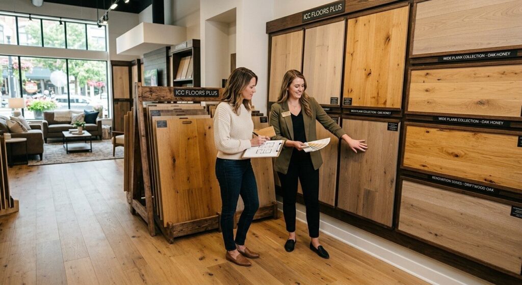 ICC Floors Plus Indianapolis showroom consultant helping homeowner select wide plank flooring for open concept home renovation
