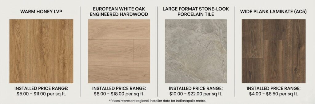 Side-by-side comparison of LVP, engineered hardwood, porcelain tile, and laminate flooring swatches with installed cost ranges for Indianapolis