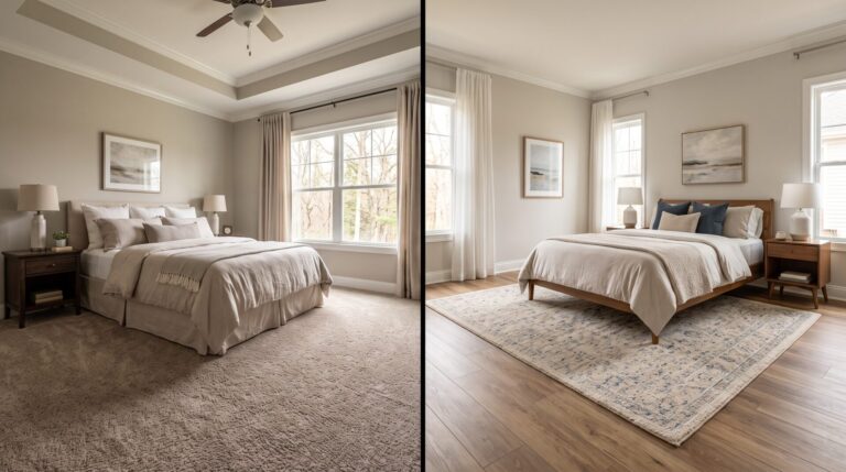 Carpet vs. luxury vinyl plank bedroom comparison in Indianapolis home, ICC Floors Plus.