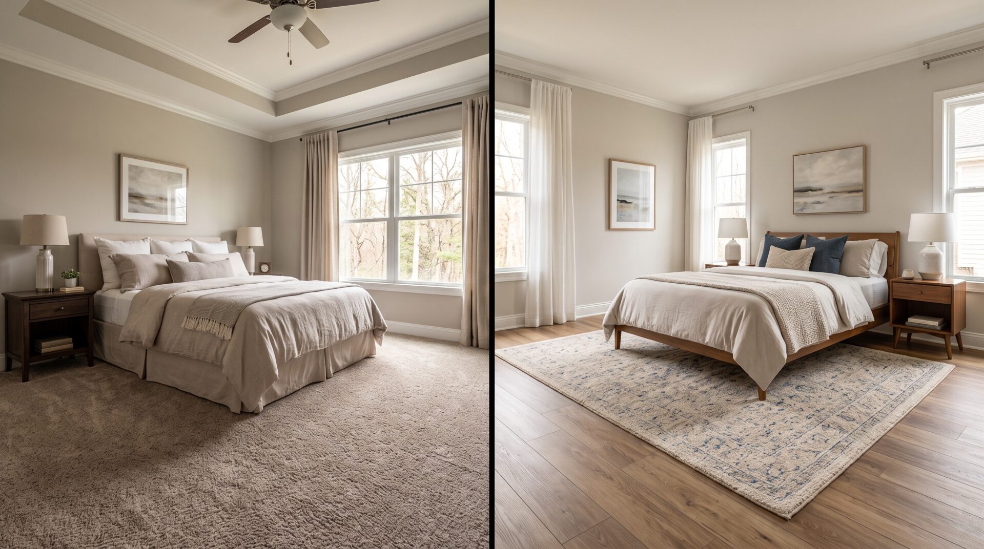 Carpet vs. luxury vinyl plank bedroom comparison in Indianapolis home, ICC Floors Plus.