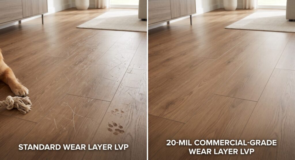 Comparison of pet scratch resistance between standard LVP and 20-mil wear layer LVP flooring, ICC Floors Plus.