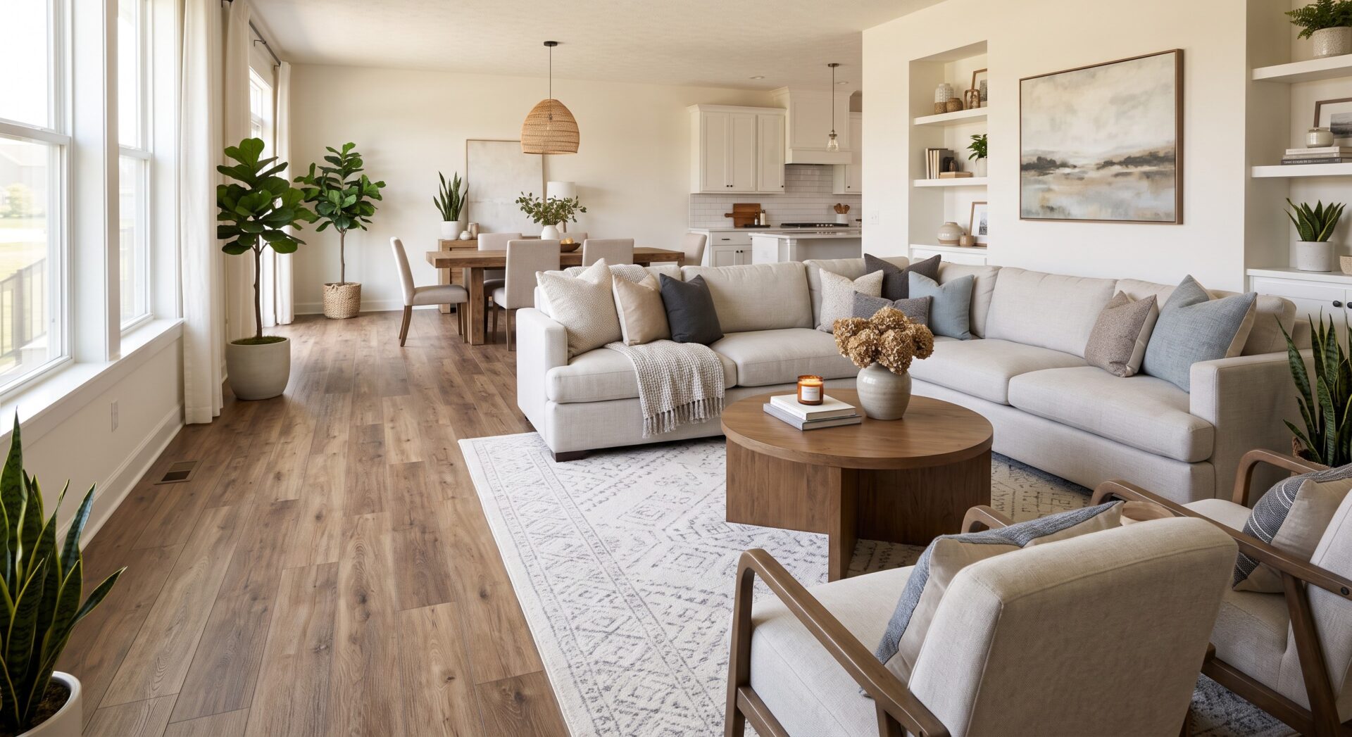Open concept living room with area rug over continuous LVP flooring in Indianapolis home, ICC Floors Plus.
