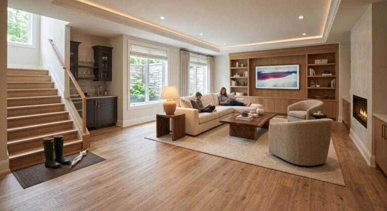 Waterproof luxury vinyl plank flooring in Indianapolis basement, ICC Floors Plus.