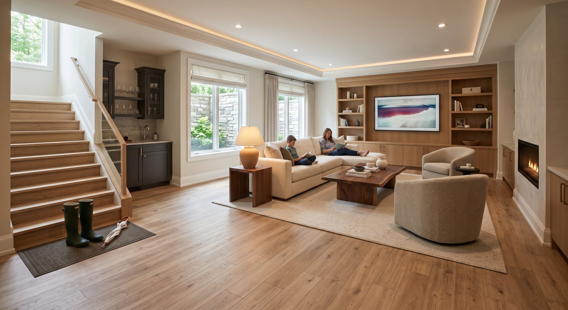 Waterproof luxury vinyl plank flooring in Indianapolis basement, ICC Floors Plus.