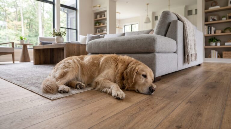 Pet-friendly luxury vinyl plank flooring in Crown Point Indiana home with dog, ICC Floors Plus.