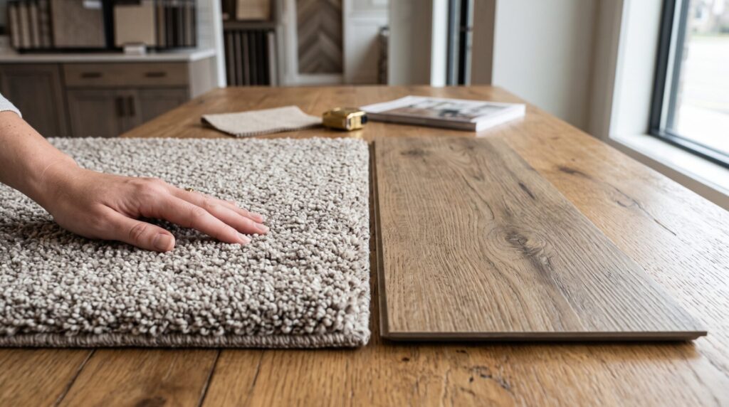 Premium carpet and luxury vinyl plank samples at ICC Floors Plus Indianapolis showroom.