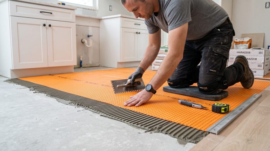 Schluter Systems DITRA underlayment installation for tile flooring in Indianapolis home, ICC Floors Plus.