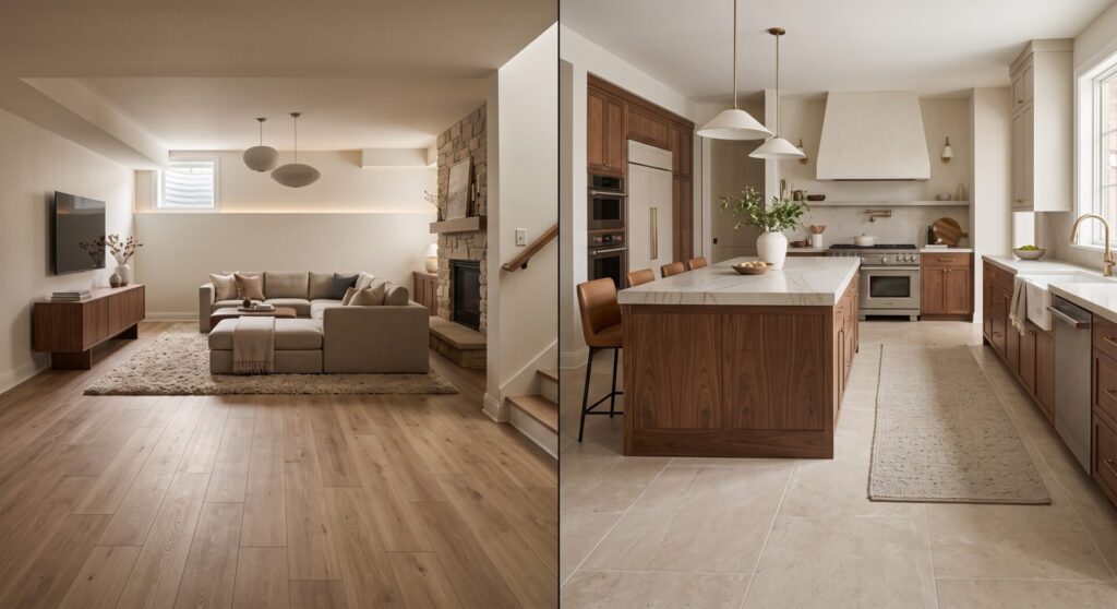 COREtec waterproof LVP in Indianapolis basement and porcelain tile in Indianapolis kitchen, ICC Floors Plus.
