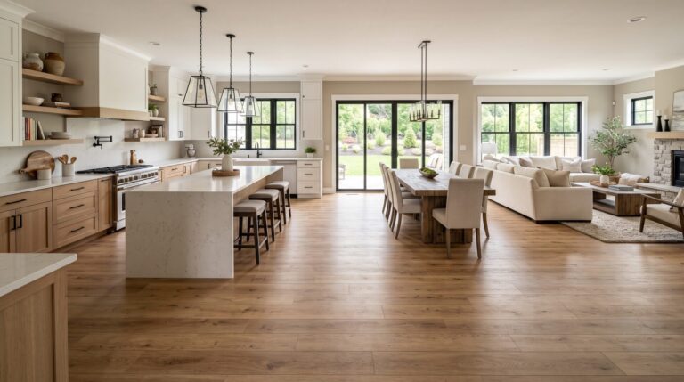 Open concept flooring in Indianapolis home with continuous LVP from kitchen to living room, ICC Floors Plus.