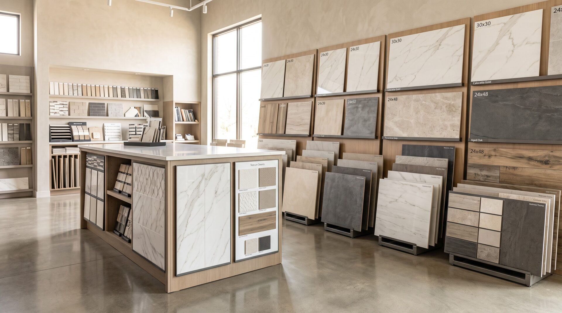 Tile flooring display at ICC Floors Plus Indianapolis showroom showing Daltile and MSI ceramic and porcelain options.