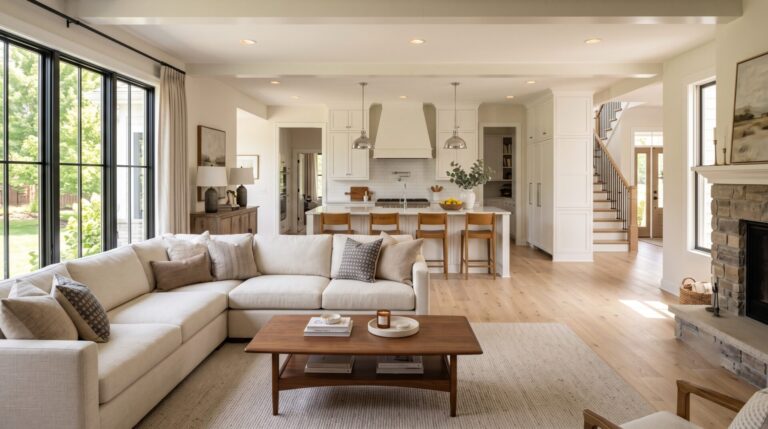 Engineered hardwood floors running through open concept great room and kitchen in Carmel Indiana home, ICC Floors Plus.
