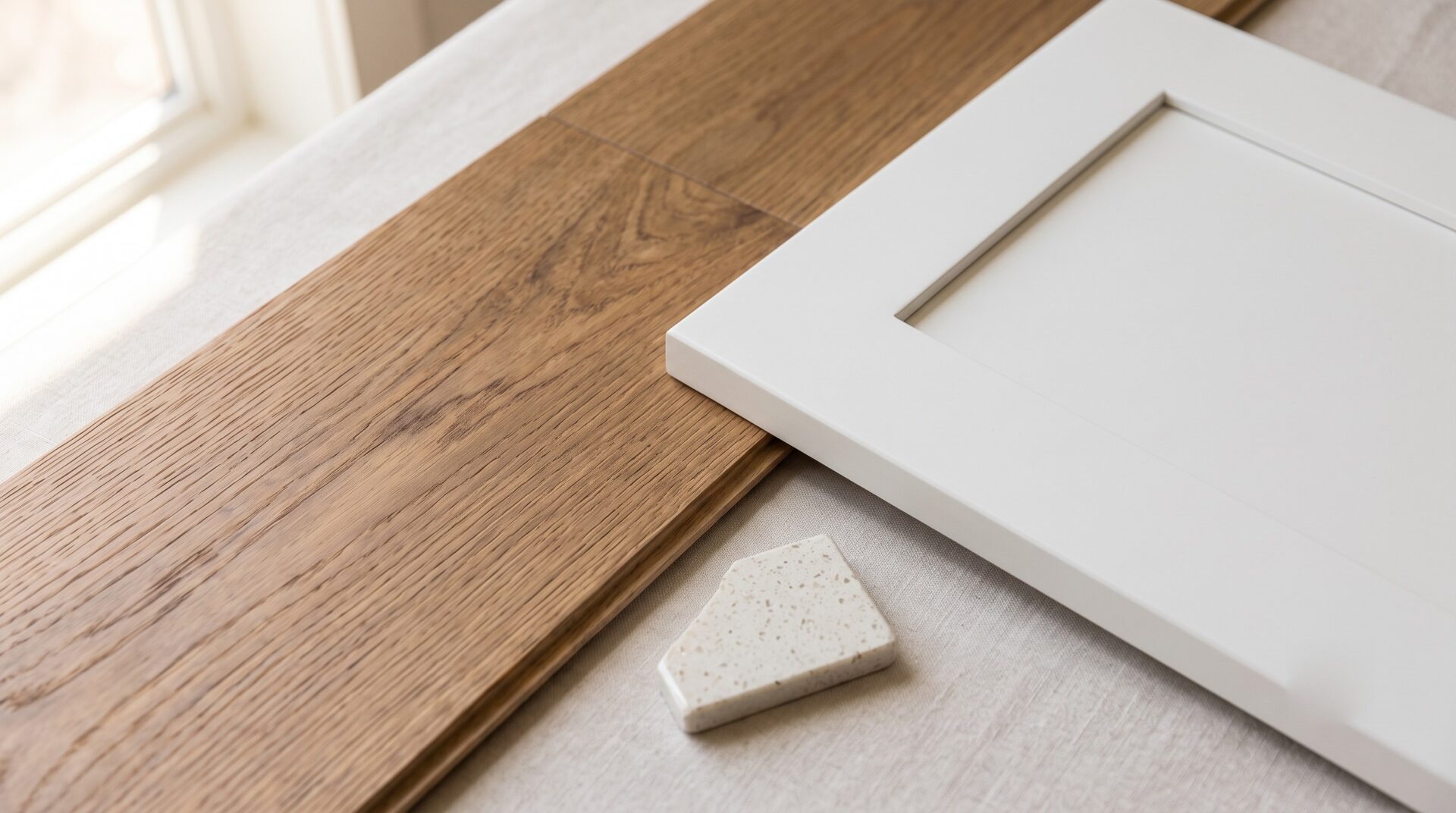 Engineered hardwood floor sample coordinated with white cabinet door and quartz countertop at ICC Floors Plus Indianapolis showroom.