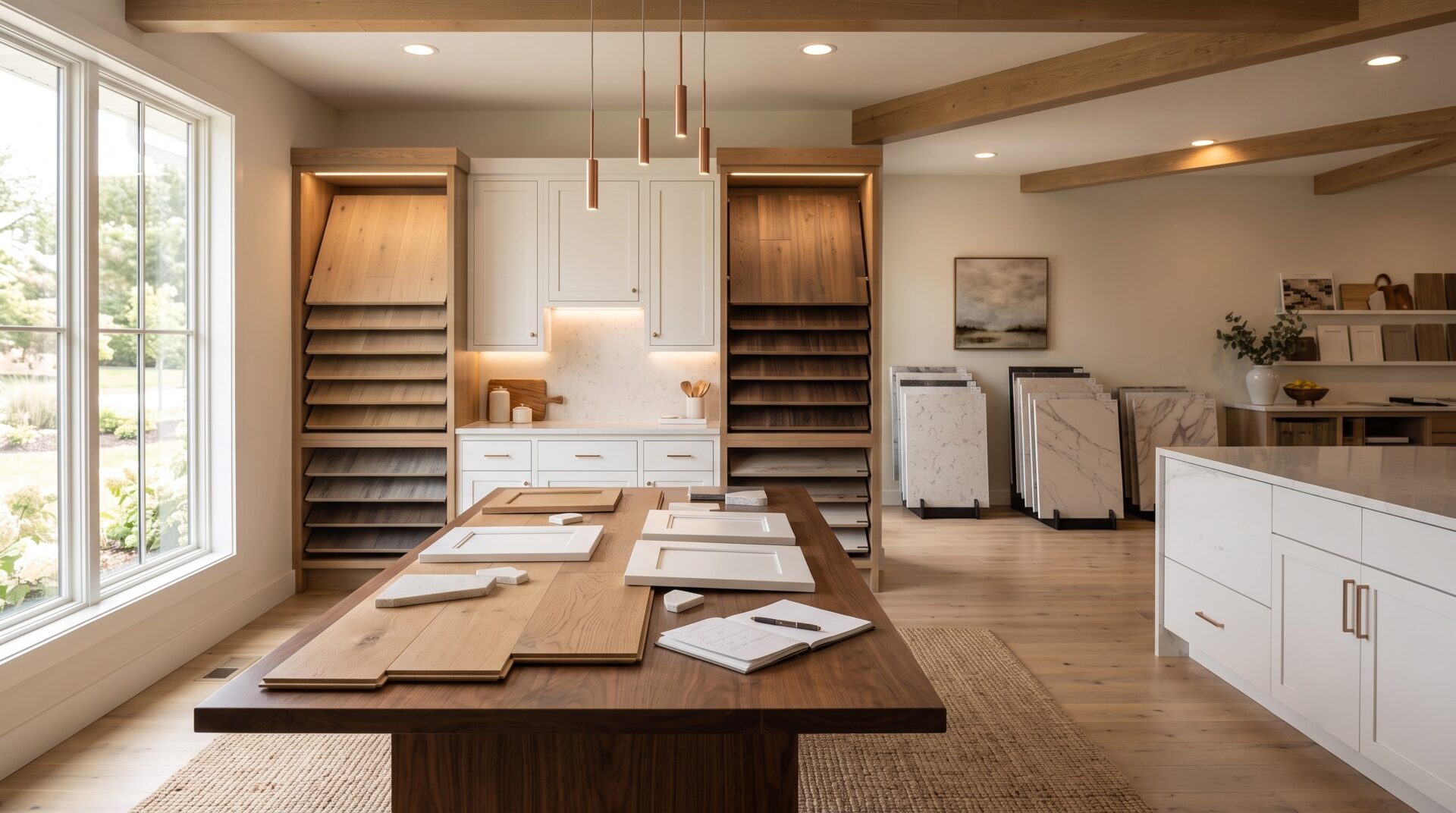 ICC Floors Plus Indianapolis showroom showing flooring, cabinet, and countertop displays for full home renovation planning.