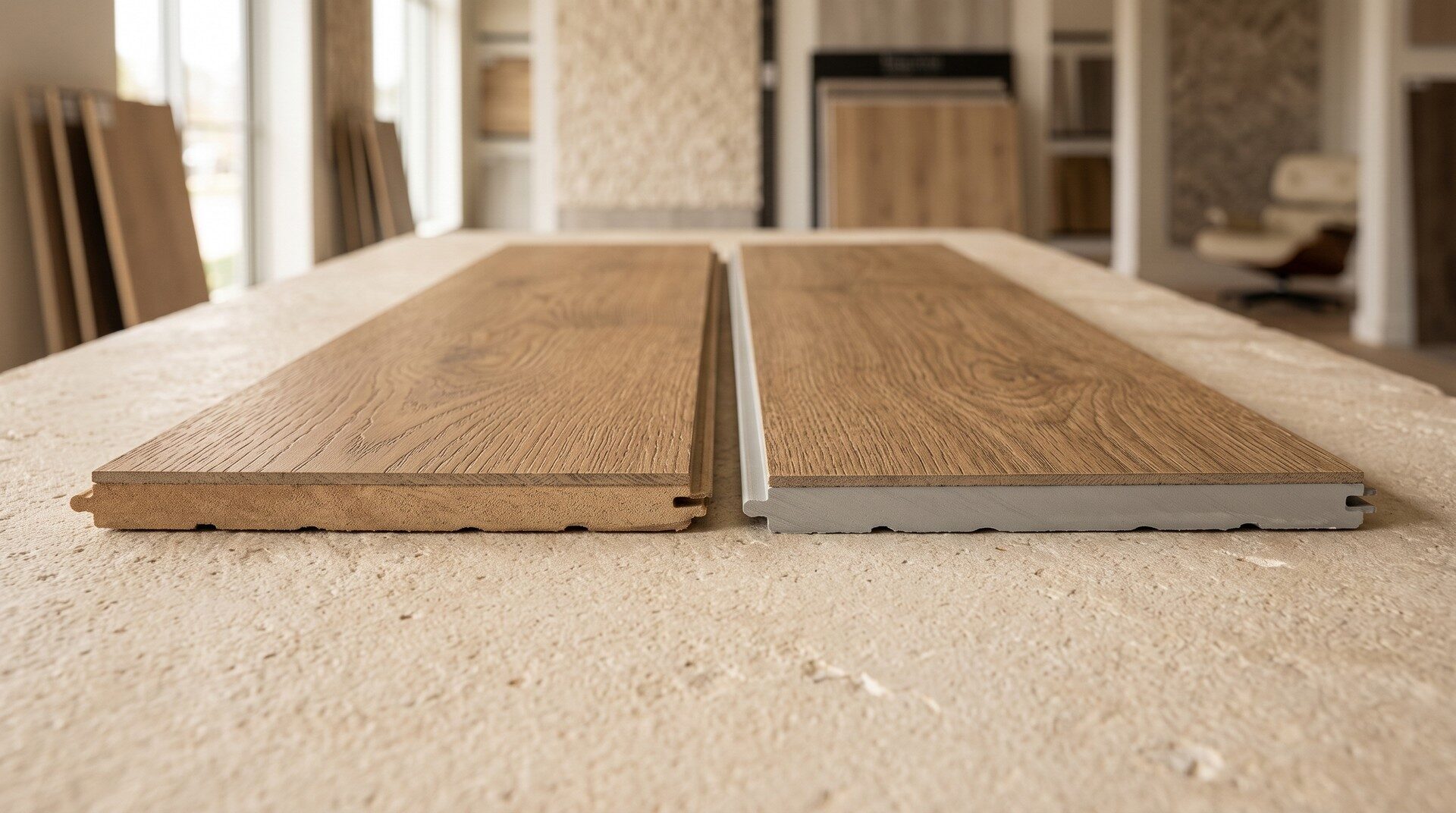 Laminate flooring vs. luxury vinyl plank comparison at ICC Floors Plus Indianapolis showroom.