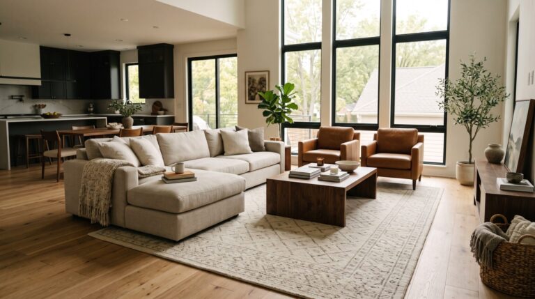 Area rug over hardwood floors in Indianapolis living room, ICC Floors Plus.