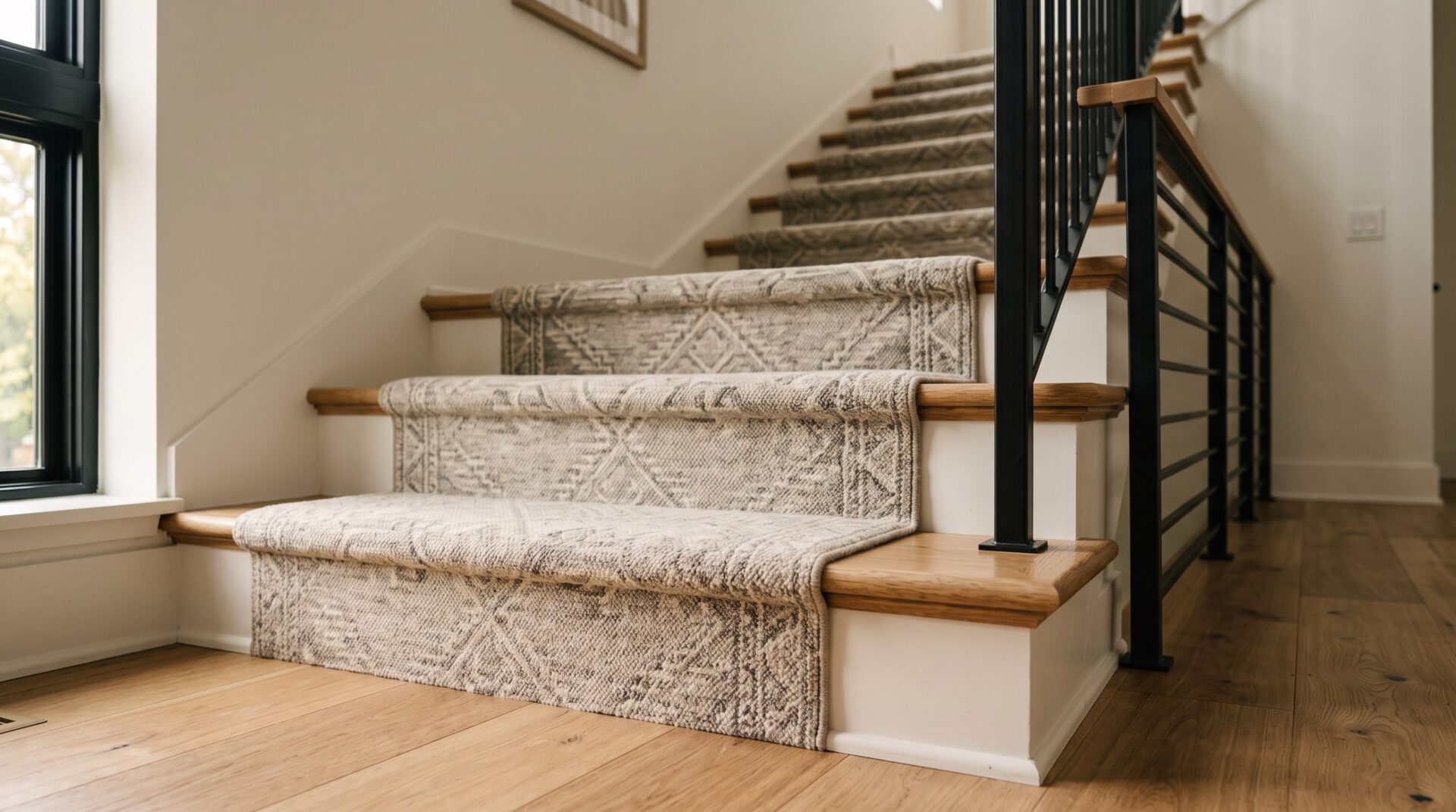 Stair runner installed on hardwood stairs in Indianapolis home, ICC Floors Plus.