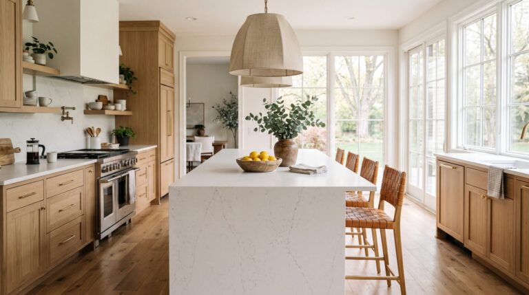Quartz countertop on large kitchen island in Fishers Indiana home, ICC Countertops.