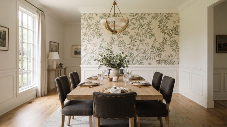Wallpaper accent wall in Carmel Indiana dining room, ICC Paint and Wallpaper.