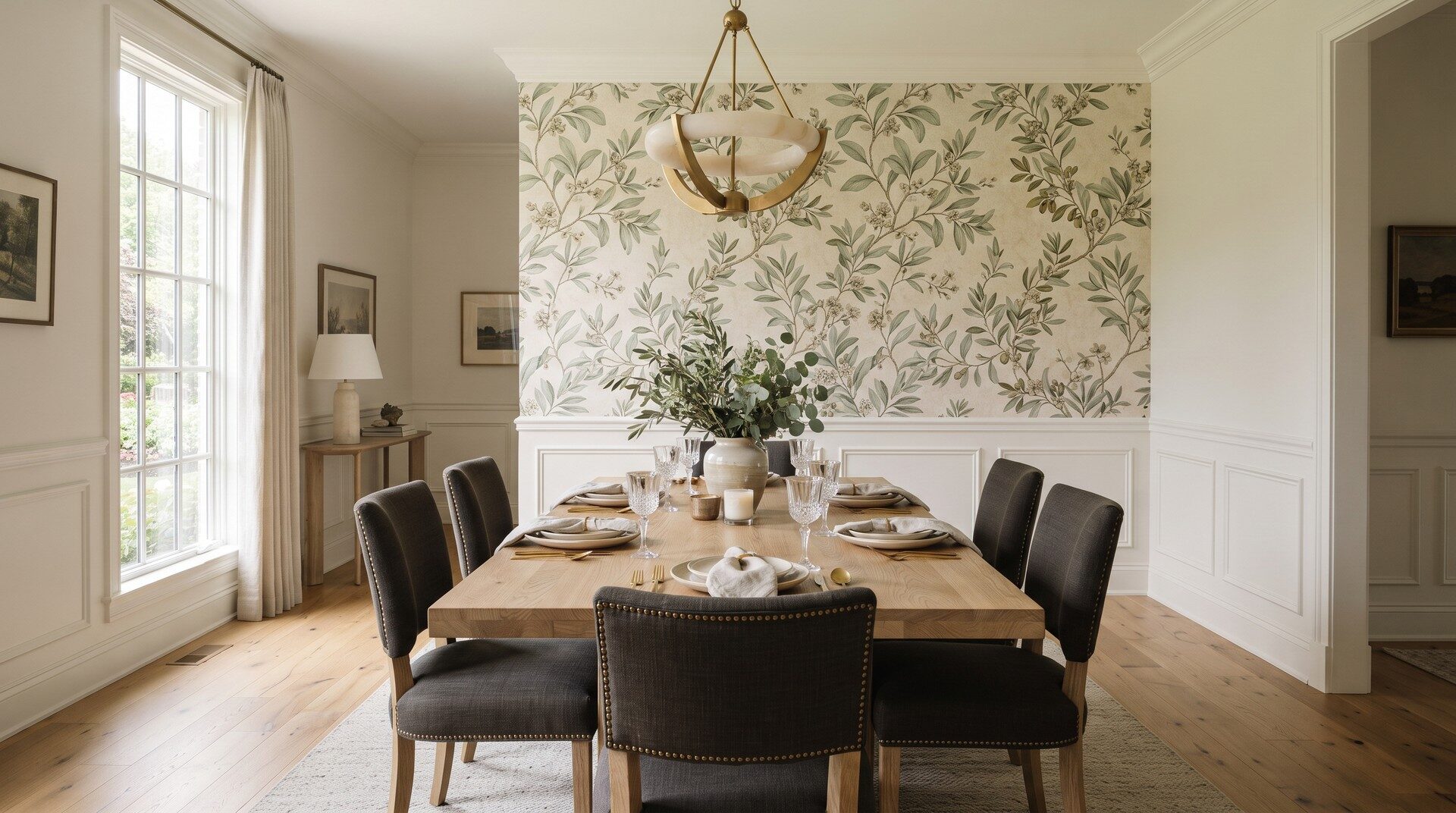Wallpaper accent wall in Carmel Indiana dining room, ICC Paint and Wallpaper.
